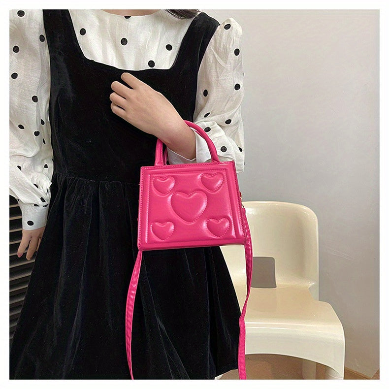 1pc Women’s Stylish Solid Color Handbag with Detachable Strap – Heart Pattern Design, Perfect for Valentine’s Day Gift, Available in Magenta, White, Black, Green, Yellow